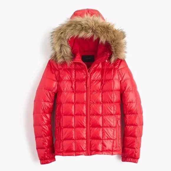 J. Crew Short Quilted Down Puffer Jacket with Faux Fur Trim Hood in Red - M - Picture 3 of 15